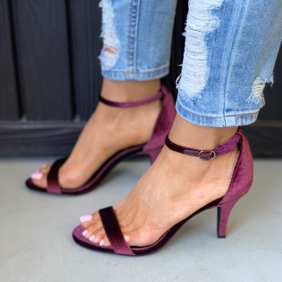 Burgundy Red Velvet Kitten Heel Dressy Sandals - Picture 2 of 7